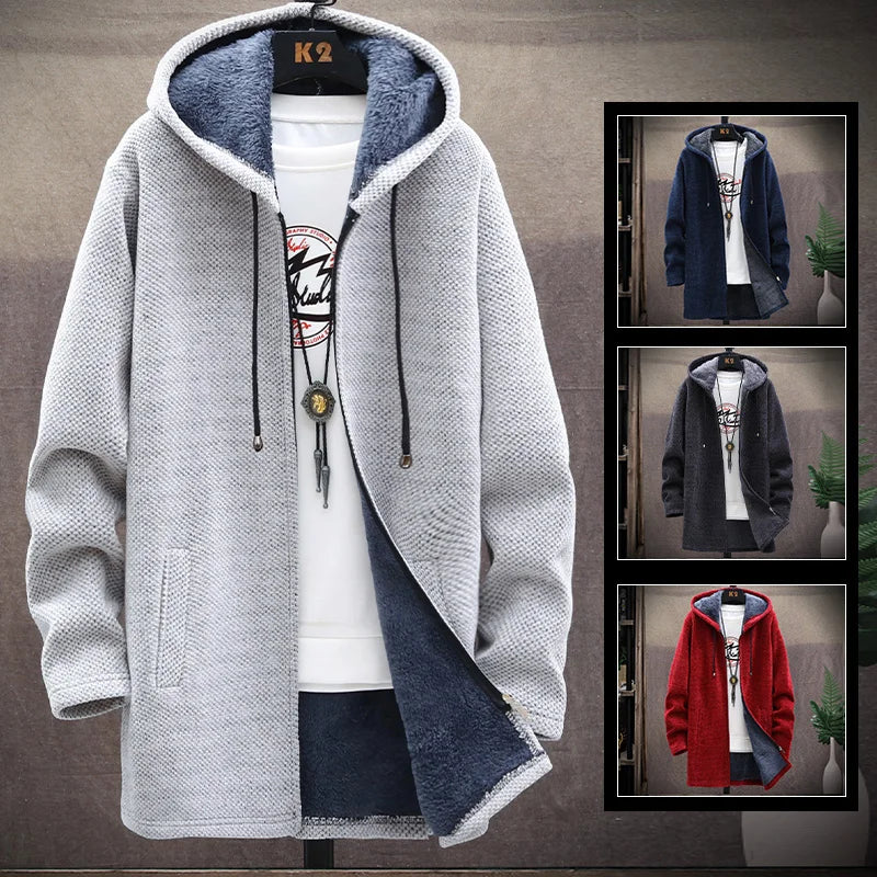 Men's Knit Hooded Cardigan Coat With Fleece Lining