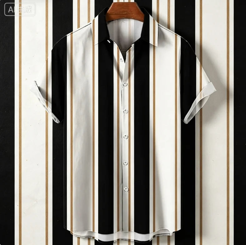 Striped Hawaiian Aloha Shirt Casual Short Sleeve