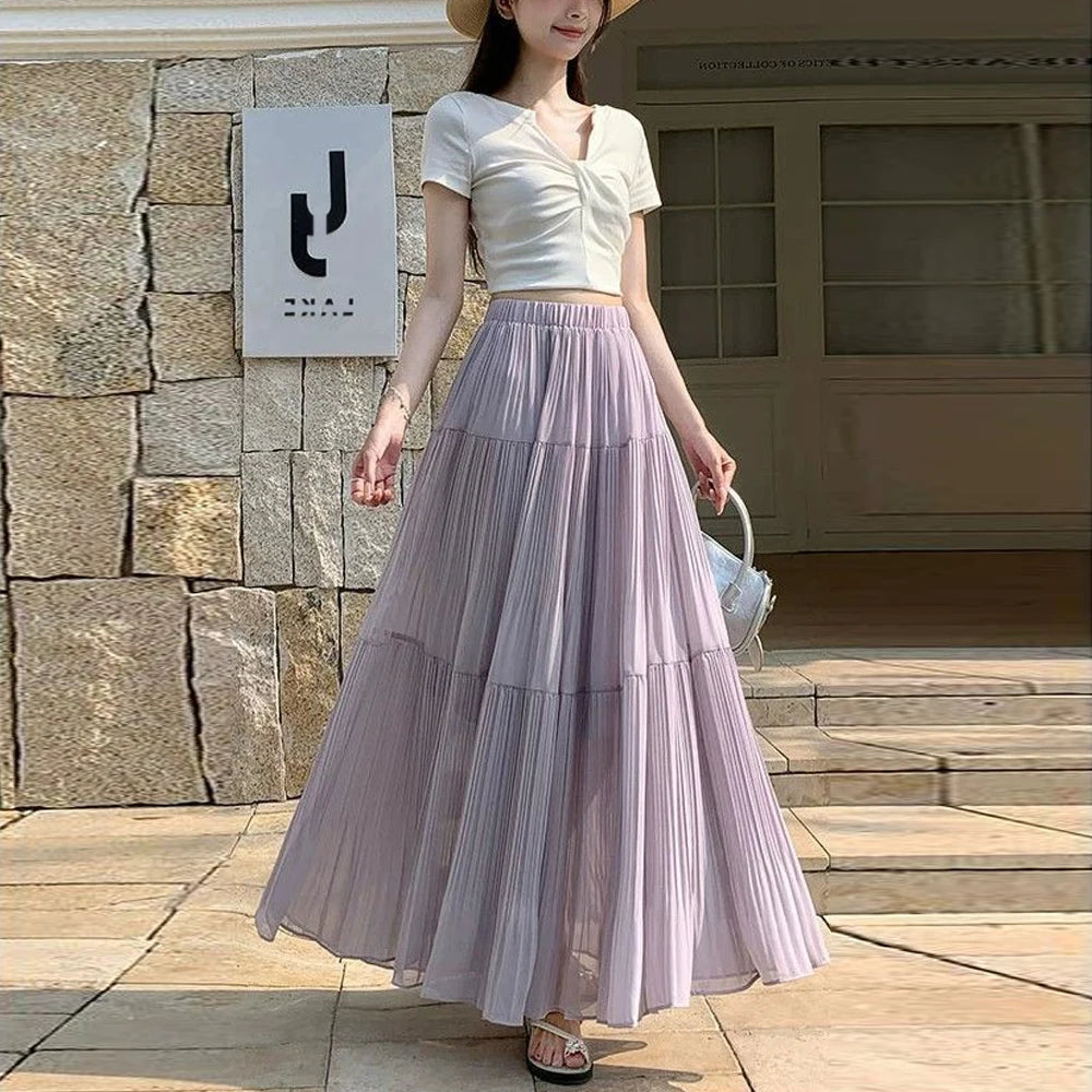 Women’s Pleated Chiffon A-Line Midi Skirt Elastic Waist