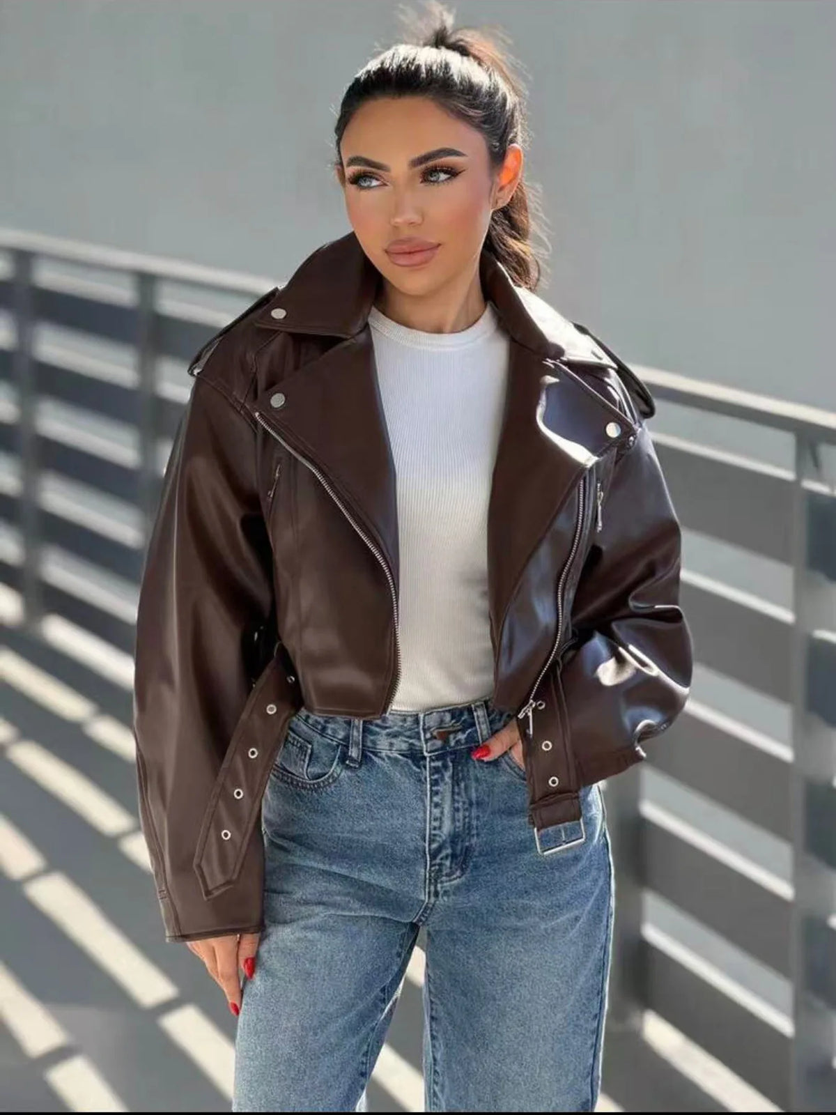 Women’s Faux Leather Moto Jacket With Zipper Details