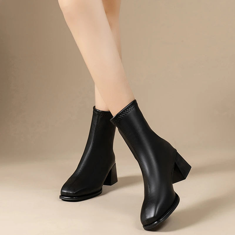 Women’s Ankle Winter Boots – Zipper, Square Heel, Non-Slip