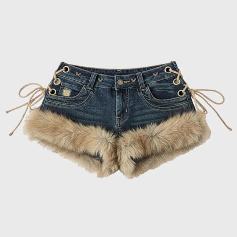 Women’s Low-Rise Y2K Denim Shorts With Faux Fur Trim