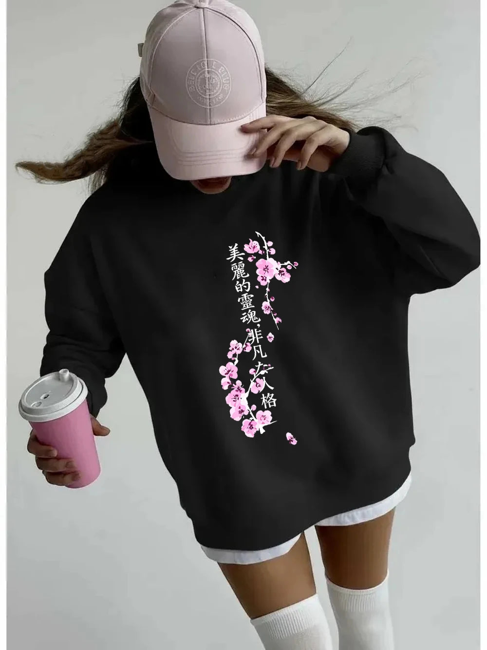 Women’s Sakura Print Fleece Sweatshirt Loose Fit