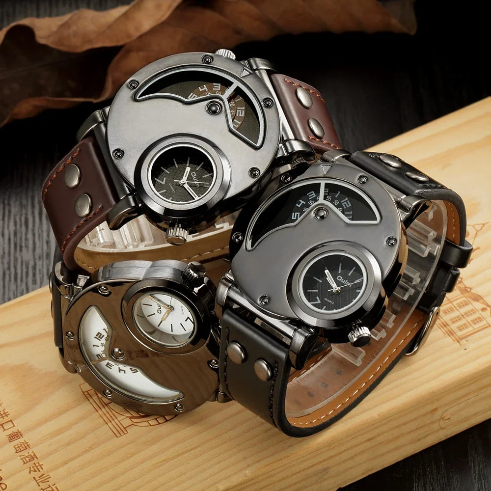 Large Dial Men’s Quartz Watch With Leather Strap