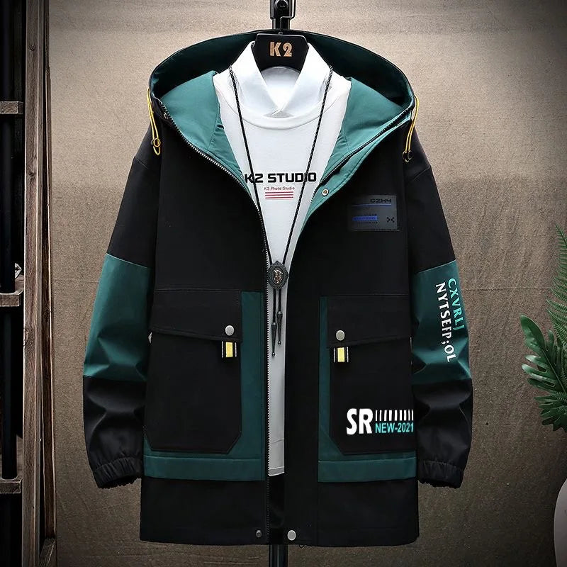 Men's Hooded Windbreaker Jacket – Casual Patchwork Style