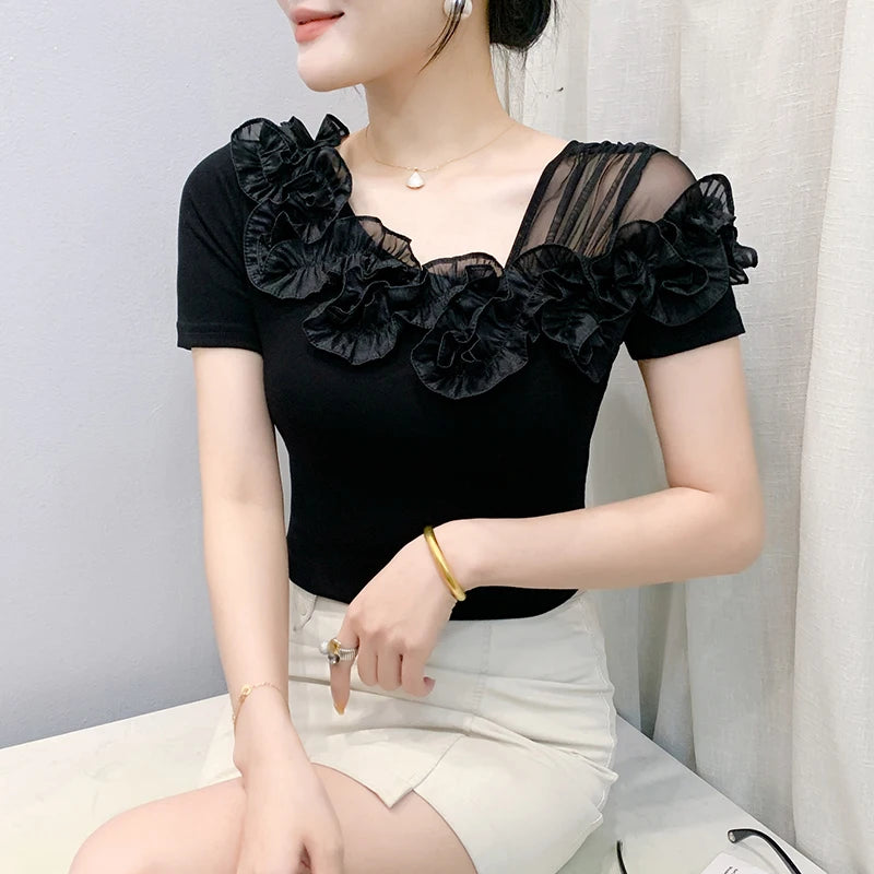 Asymmetric Off-Shoulder Ruffle Cotton Slim Fit Tee