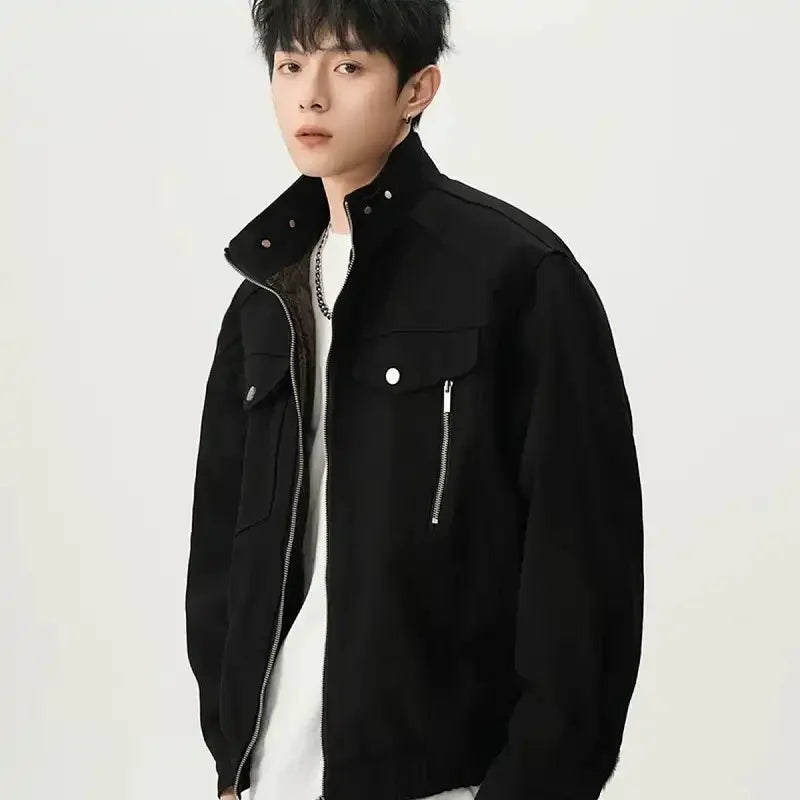 black Color Men's Stand Collar Workwear Jacket With Zipper