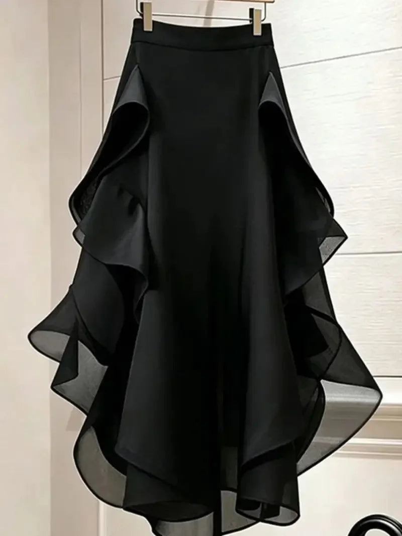 Women’s High Waist Mesh Midi Skirt – Irregular Ruffle Hem