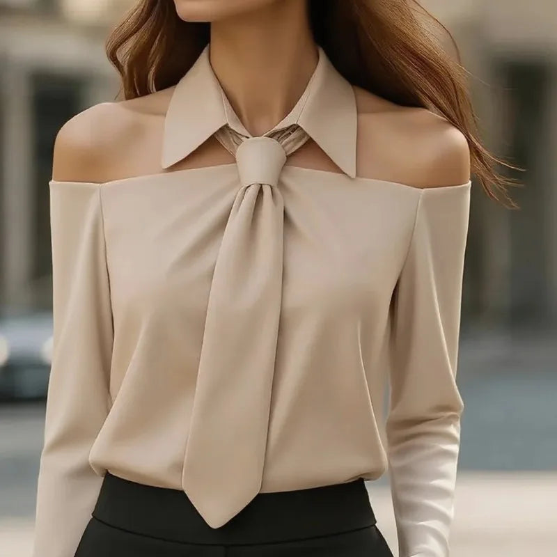 Women’s Solid Casual Tie Front Blouse With Collar