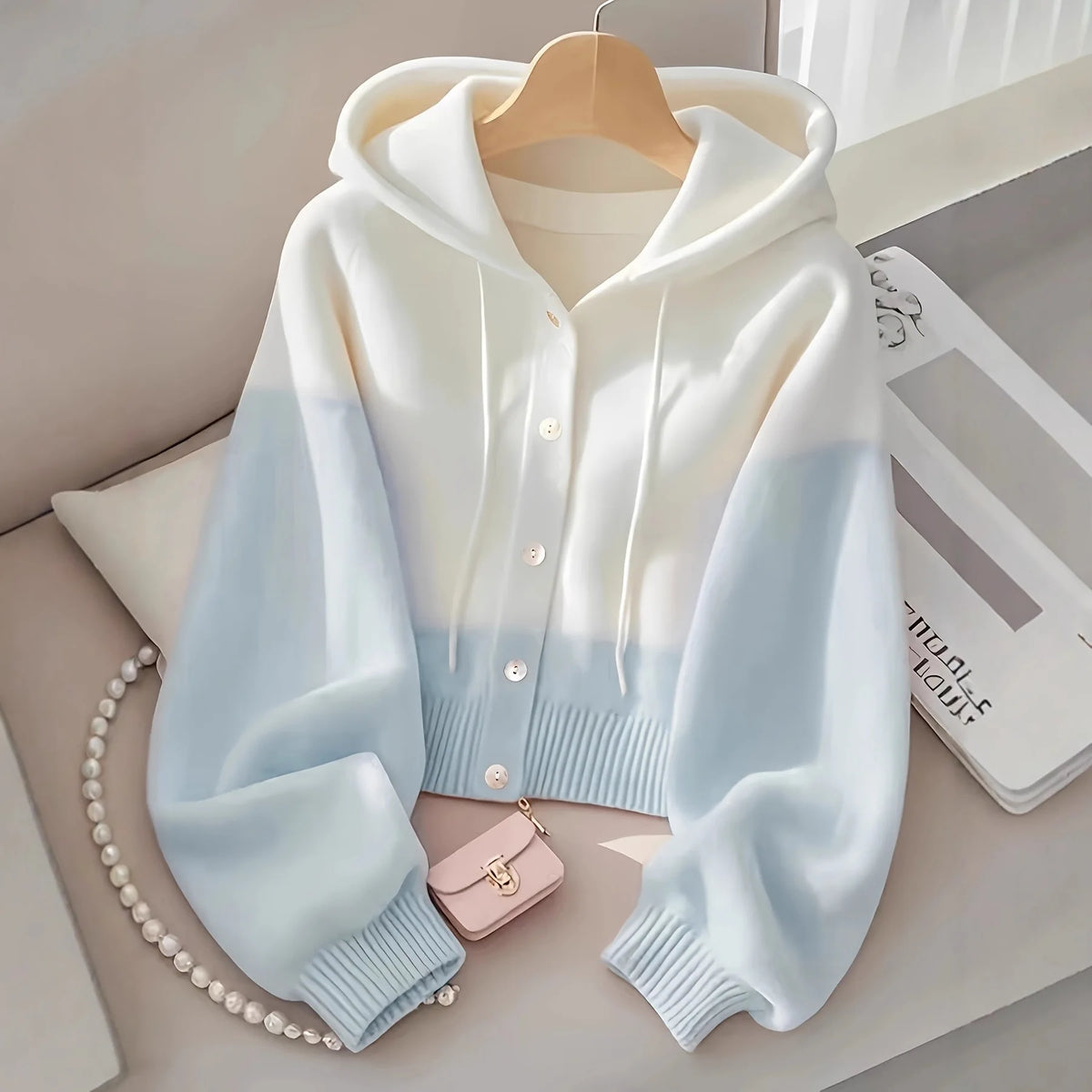 Women’s Hooded Knit Cardigan – Patchwork, Button Front