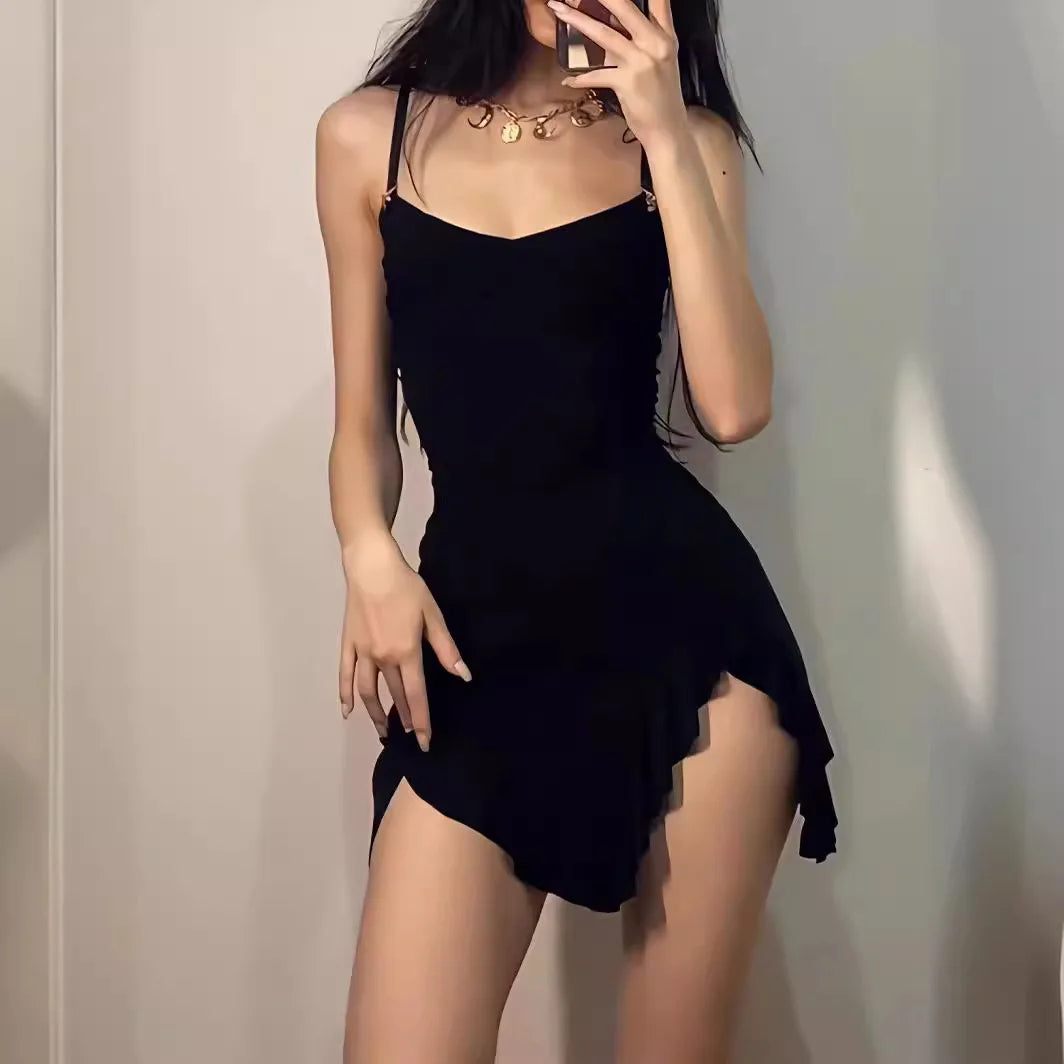 Women’s Spaghetti Strap Side Slit Ruffled Mini Dress