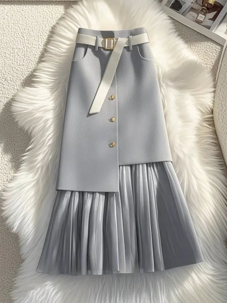 Women’s High Waist Patchwork Pleated Midi Skirt