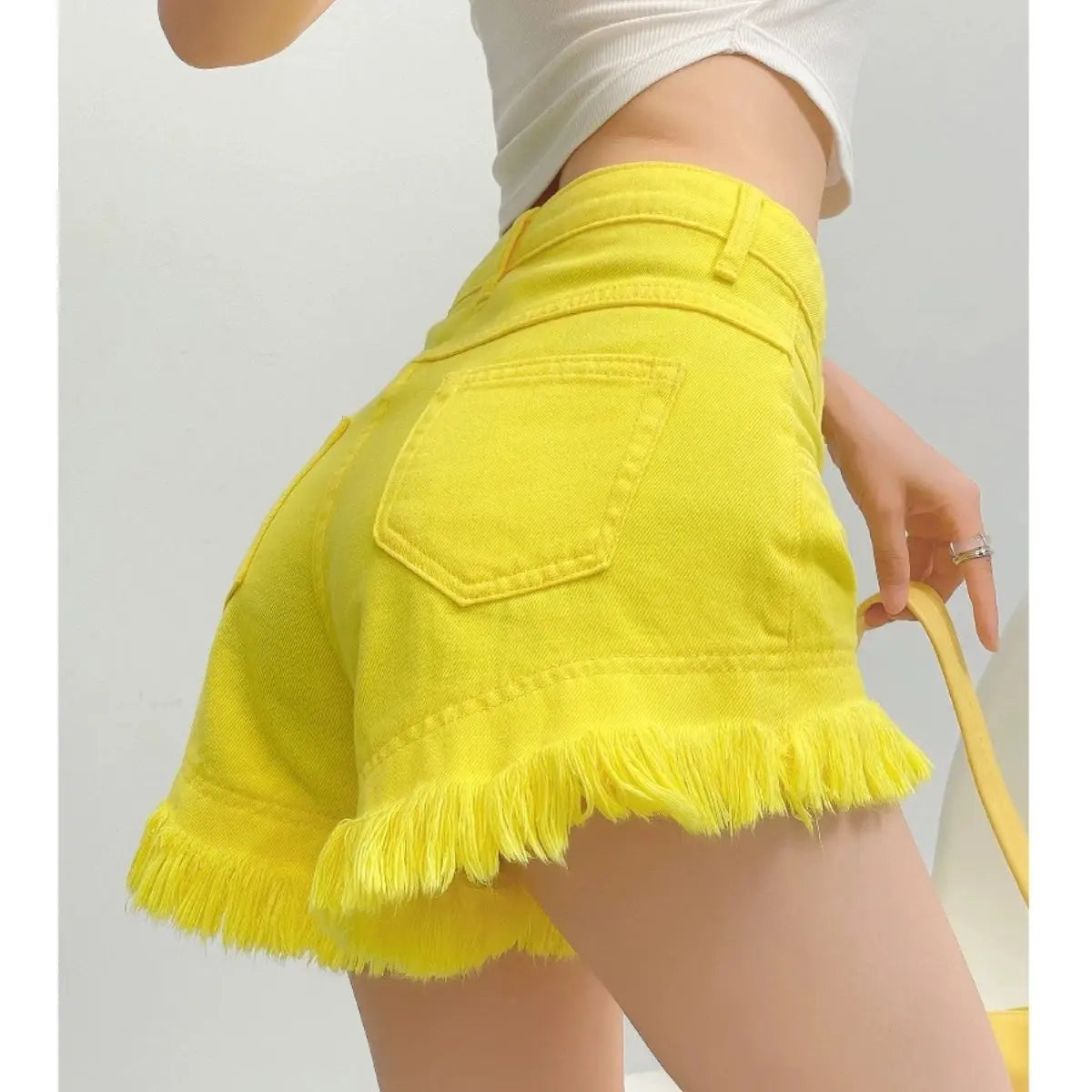 High Waisted Denim Shorts For Women With Tassel Hem