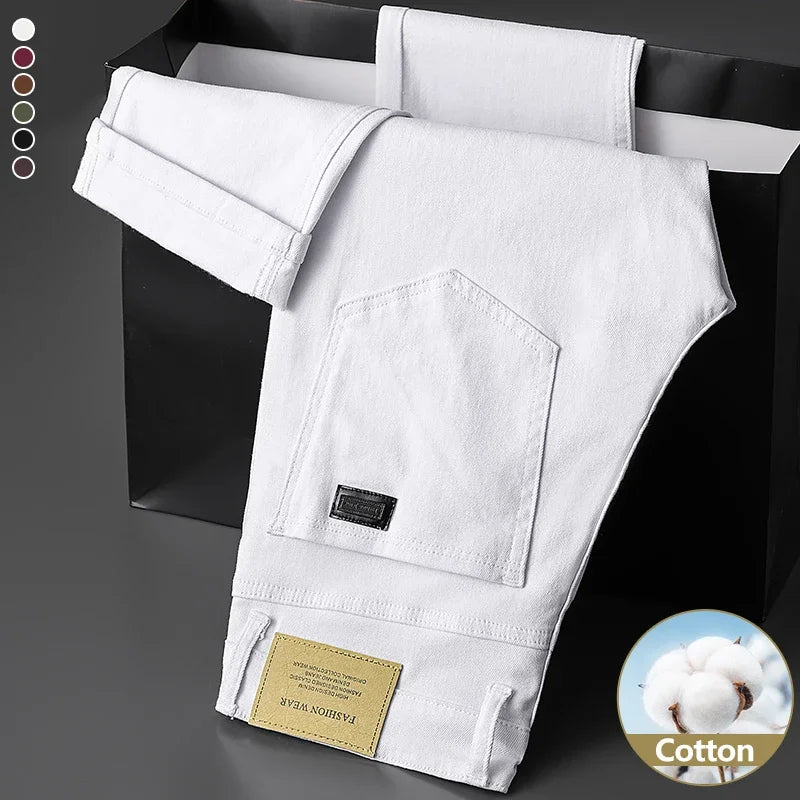 Men's White Straight Jeans Cotton Blend Business Casual