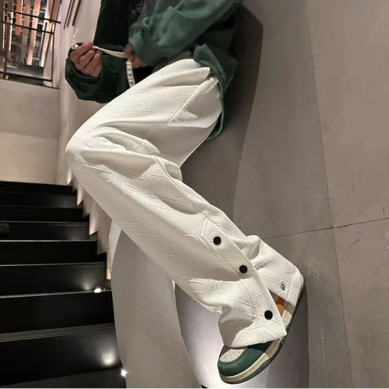 Men's Wide Leg Cotton Trousers With Elastic Waist And Pockets