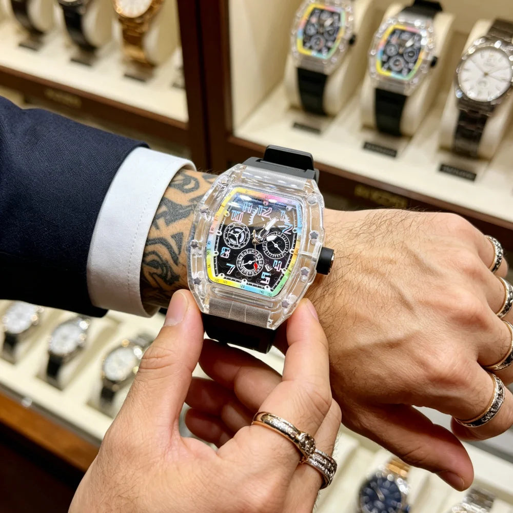 Men's Tonneau Quartz Watch With Transparent Rainbow Dial
