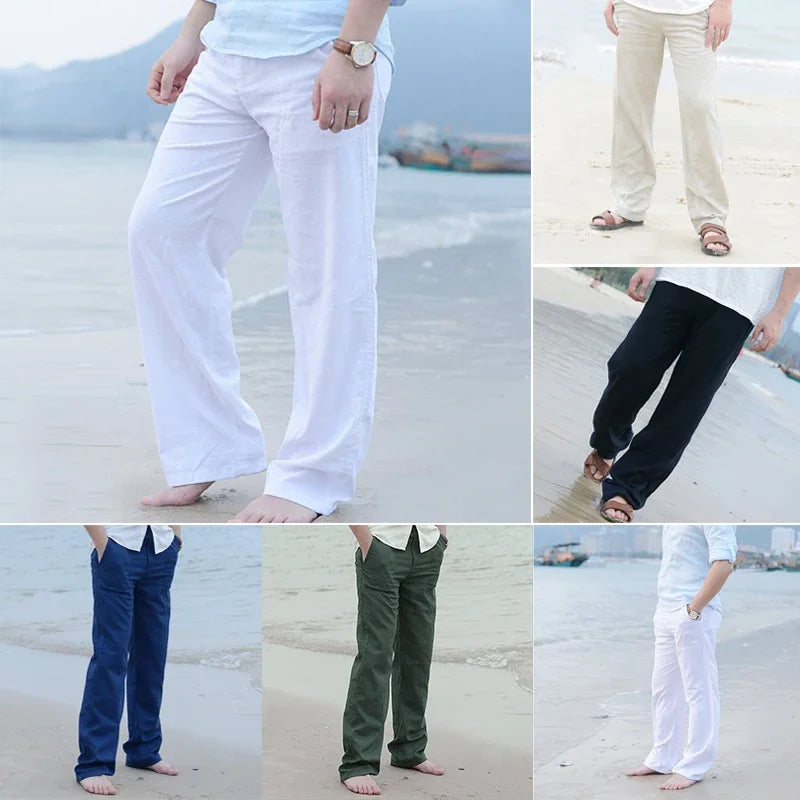 Men's Cotton Linen Casual Pants With Elastic Waist