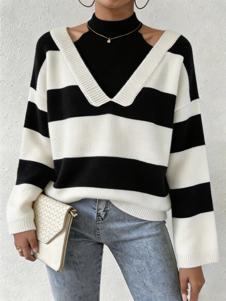 Women’s Striped Knit Pullover – Mock Neck Cut-Out Shoulder