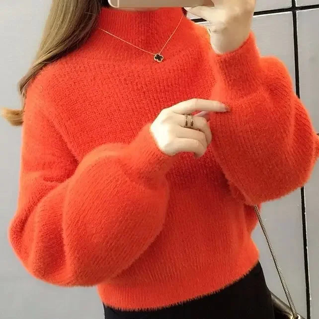 Women’s Loose Knit Pullover Sweater With Lantern Sleeves