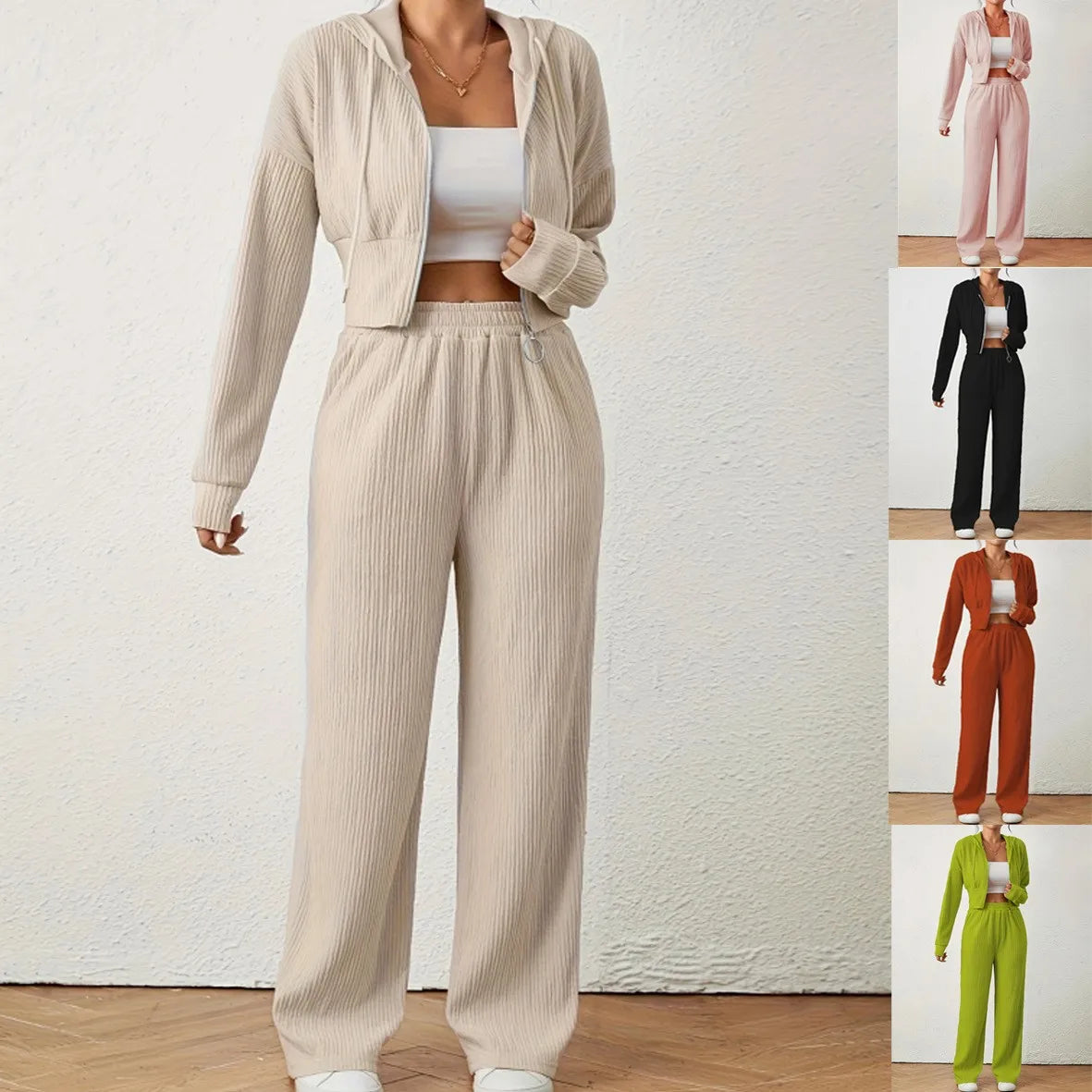 Women’s Hooded Two-Piece Jogger Set With Zipper Top