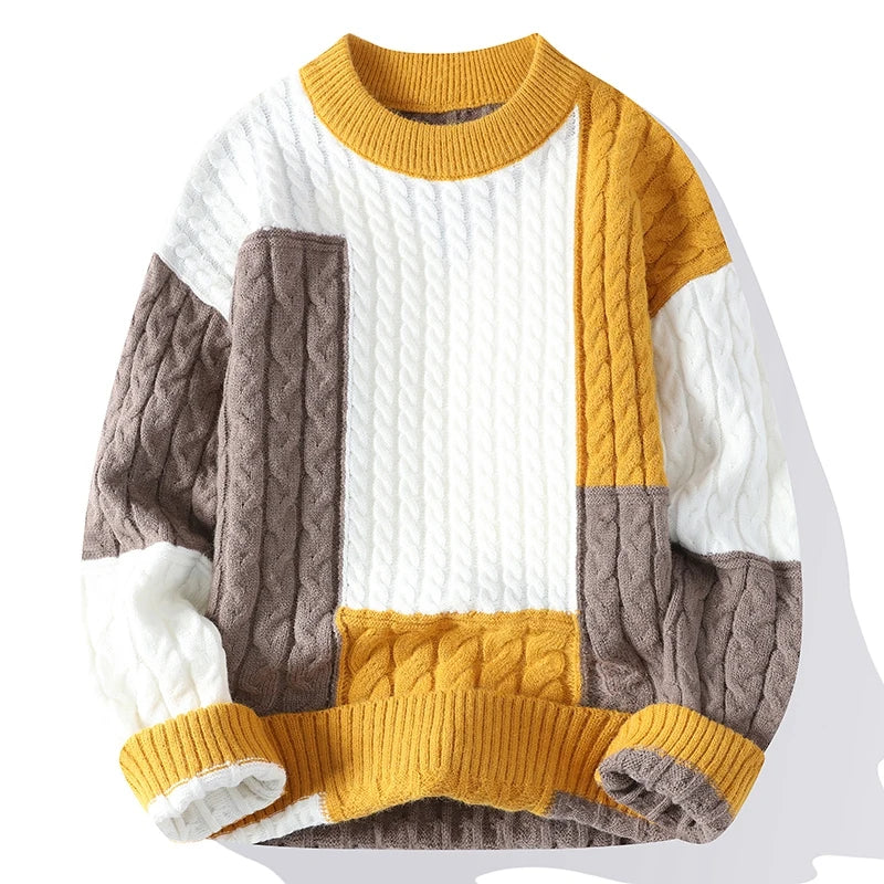 Men’s Patchwork Knit Sweater – Casual Autumn Winter Pullover