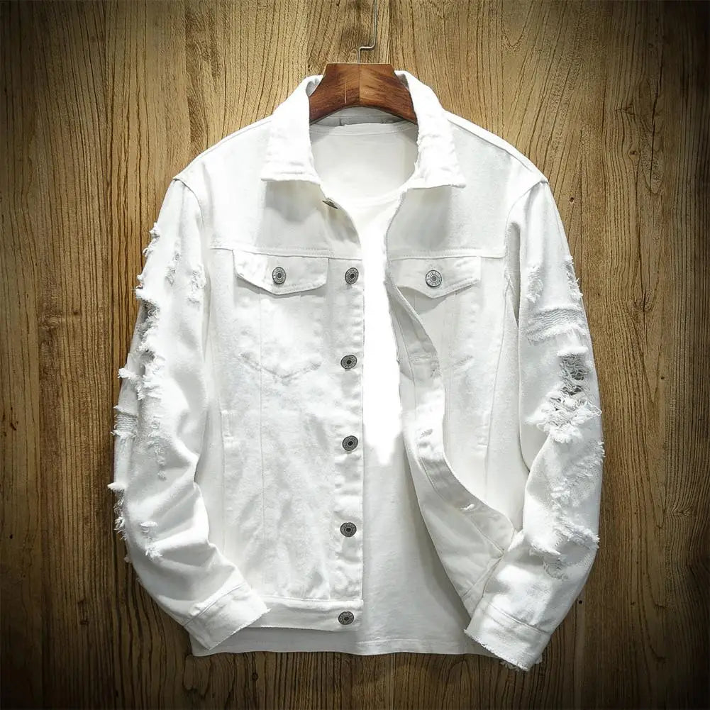 Men’s Ripped Denim Jacket Solid Color Streetwear Coat