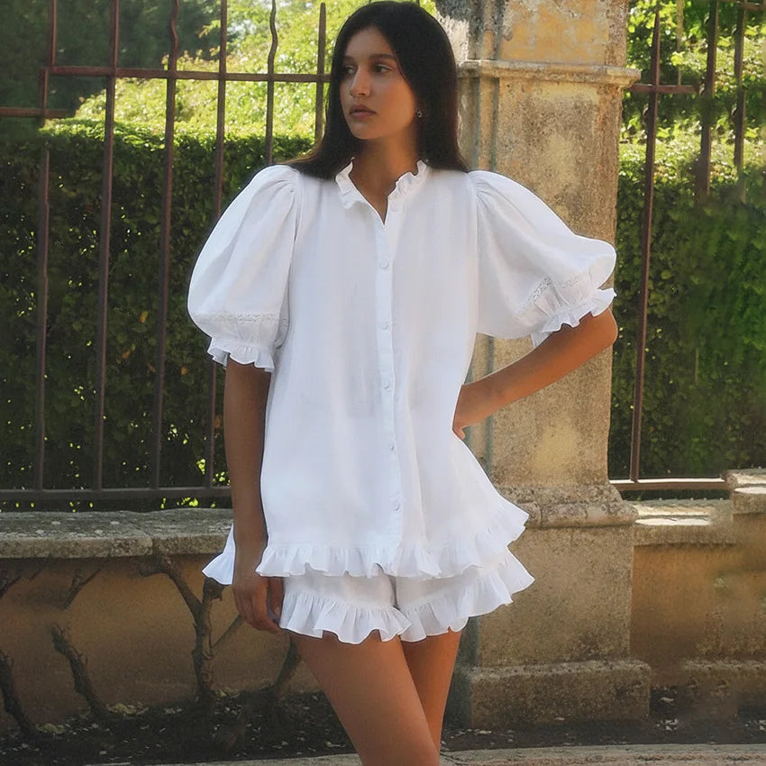 Women’s Ruffle Hem Cardigan And Shorts Casual Set