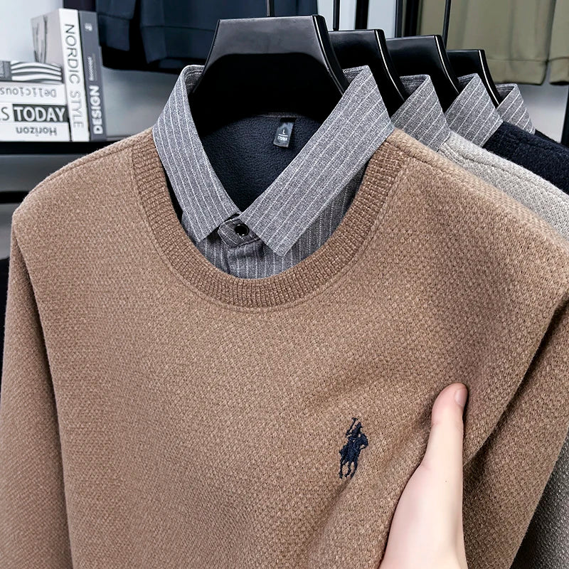 Men’s Fleece-Lined Knit Sweater with Shirt Collar