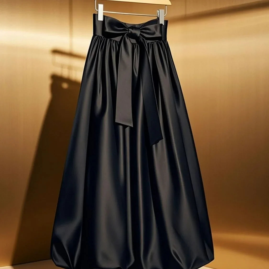 Satin A-Line Midi Bubble Skirt With Lace-Up Waist
