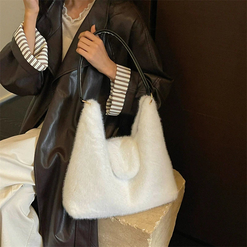 Faux Fur Shoulder Bag With Leather Handle Deer Print