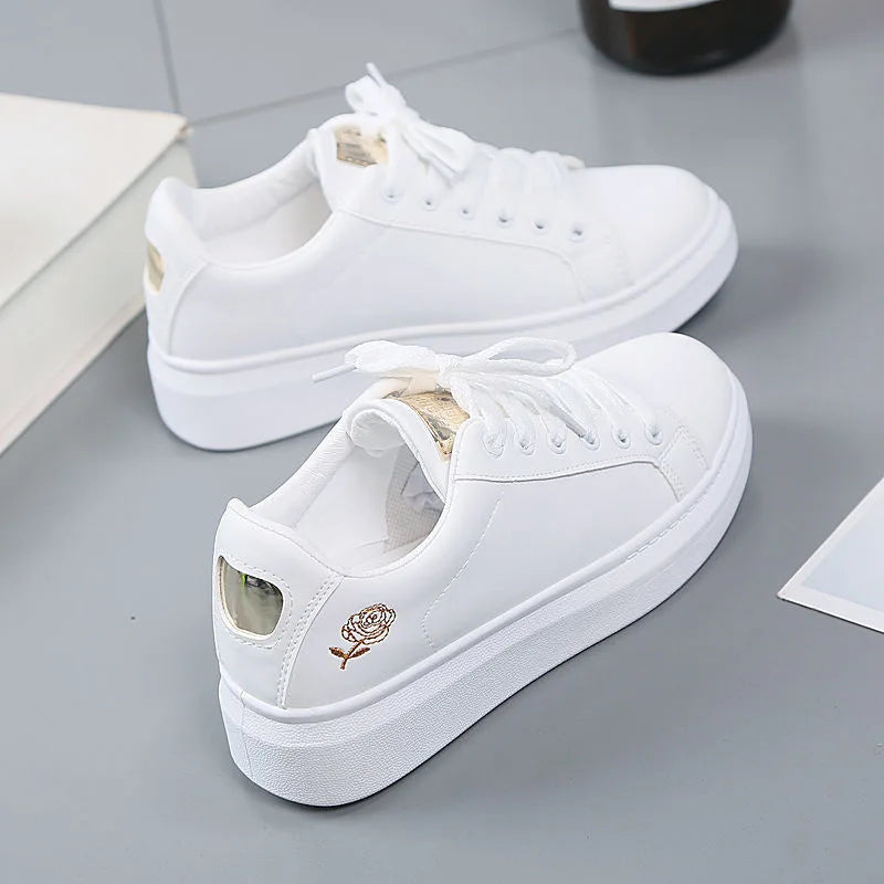 Women’s Floral Lace-Up Sneakers White Casual PU Shoes