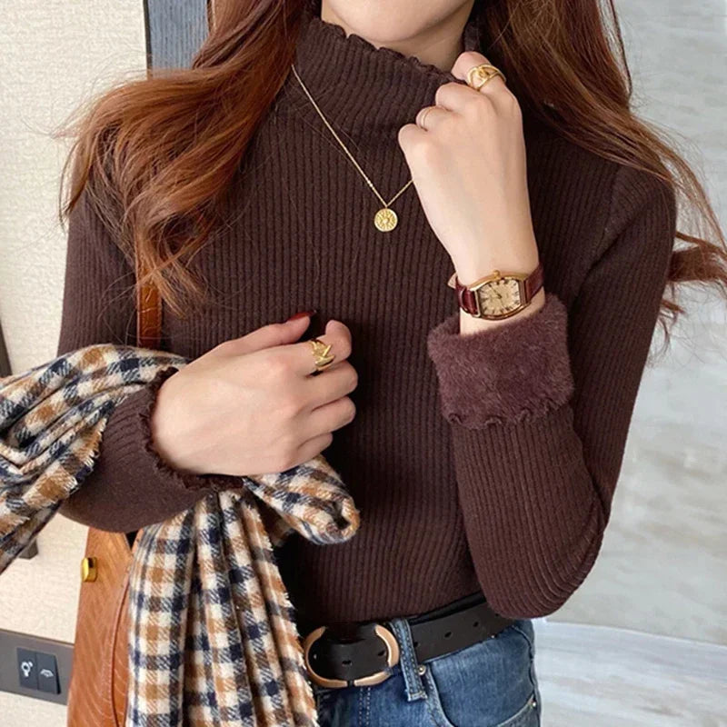 Women’s Ruffled Mock Neck Thermal Knit Sweater