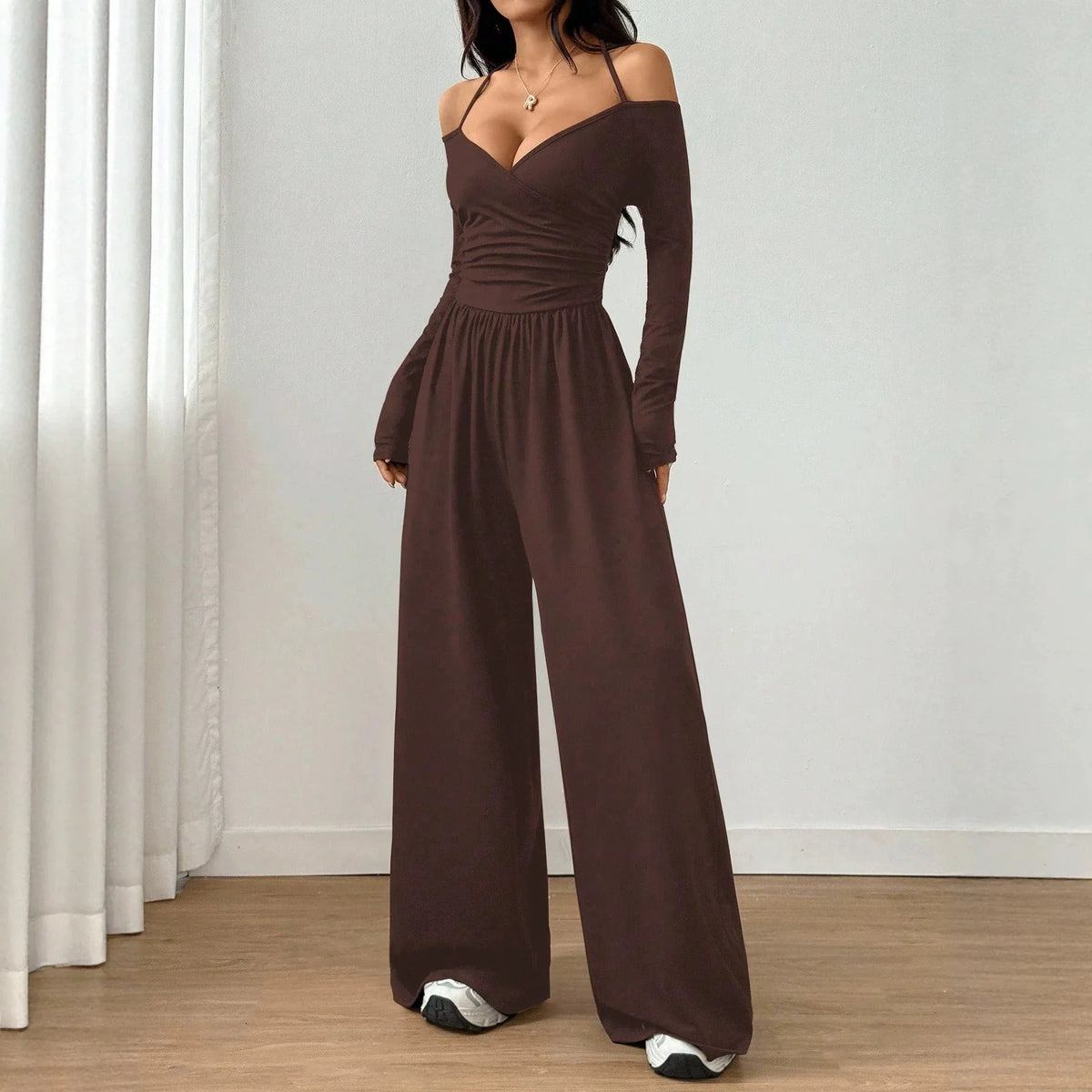 Women’s Off Shoulder Wide Leg Jumpsuit With Lace-Up