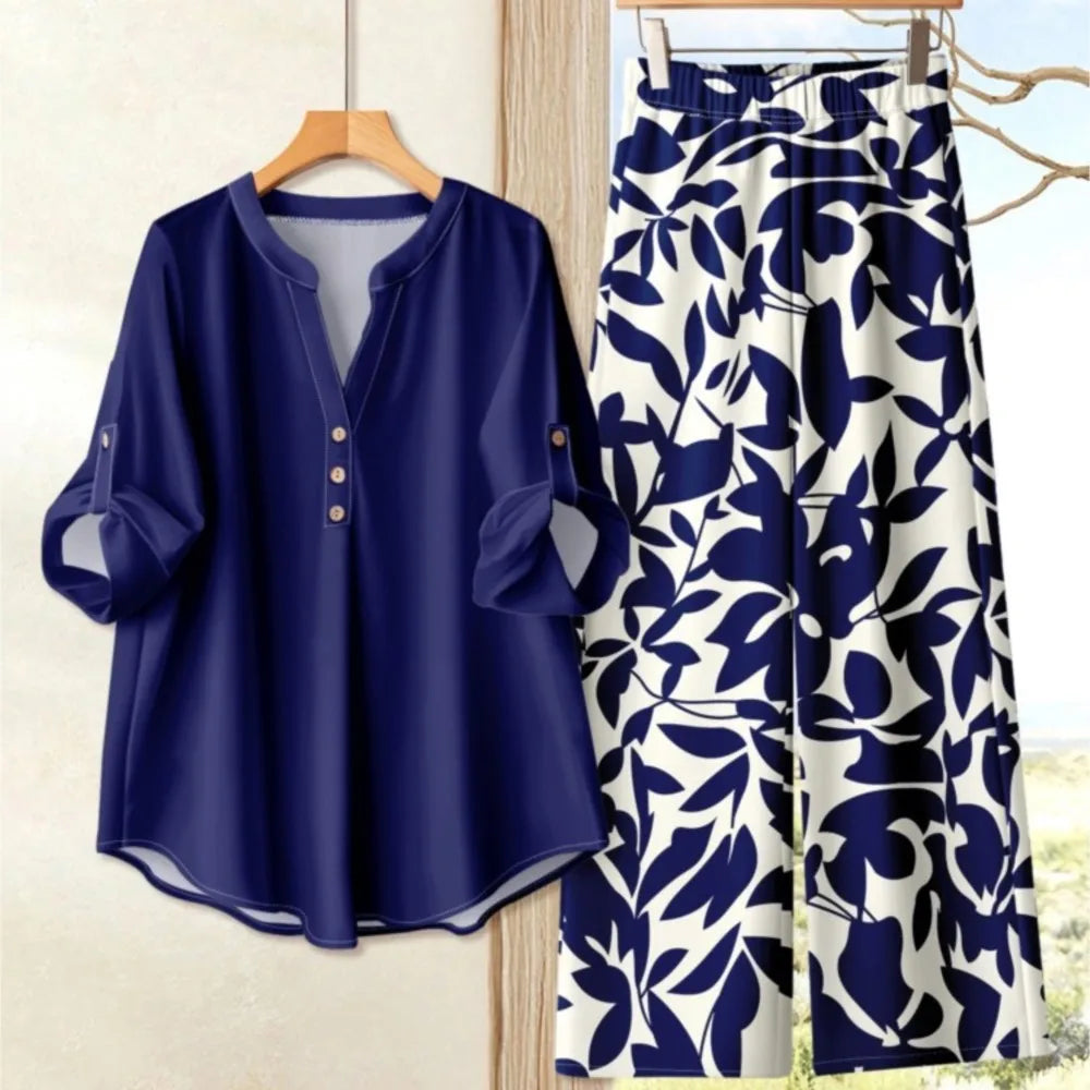Women’s Printed Short Sleeve Top And Wide Leg Pants Set
