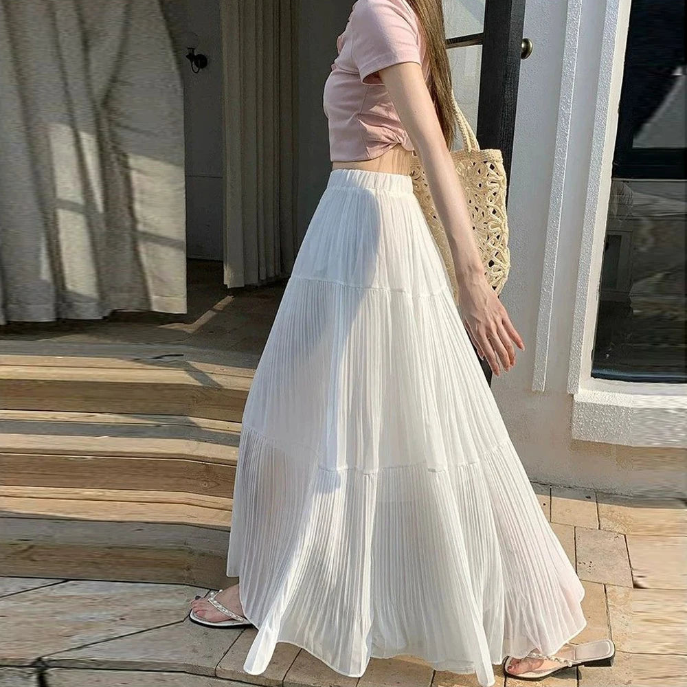 Women’s Pleated Chiffon A-Line Midi Skirt Elastic Waist