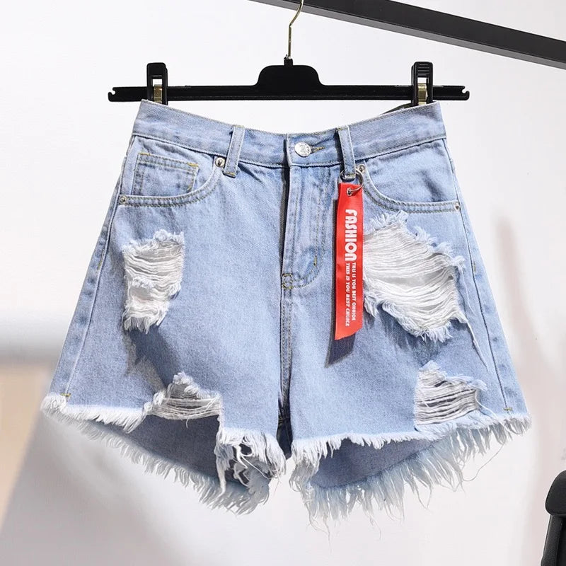 Women’s High Waist Denim Shorts With Tassel Hem