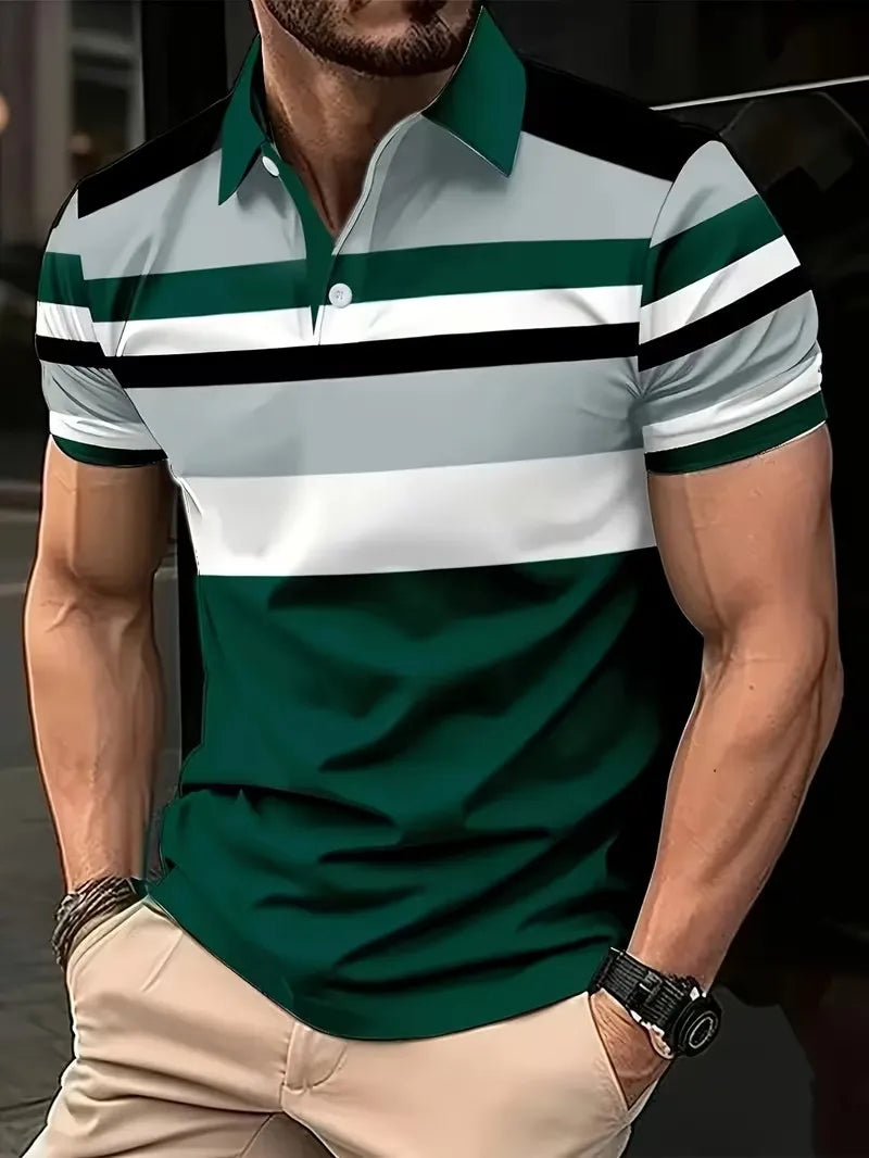 Men's Striped Polo Shirt Short Sleeve Casual Top