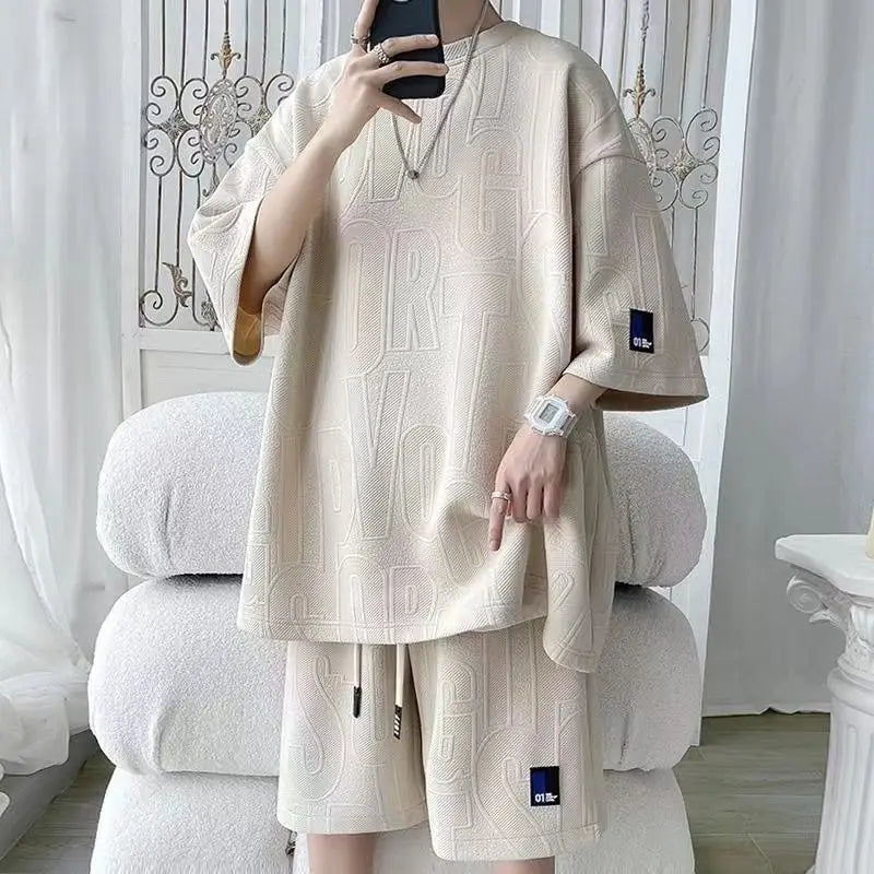 Men's Waffle Knit Summer Tracksuit T-Shirt And Shorts