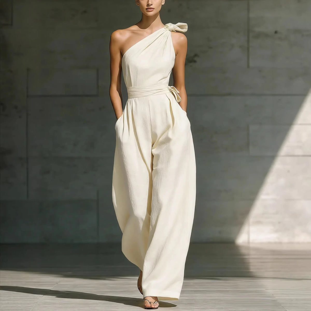 Women’s One-Shoulder Wide-Leg Jumpsuit With Sash Belt