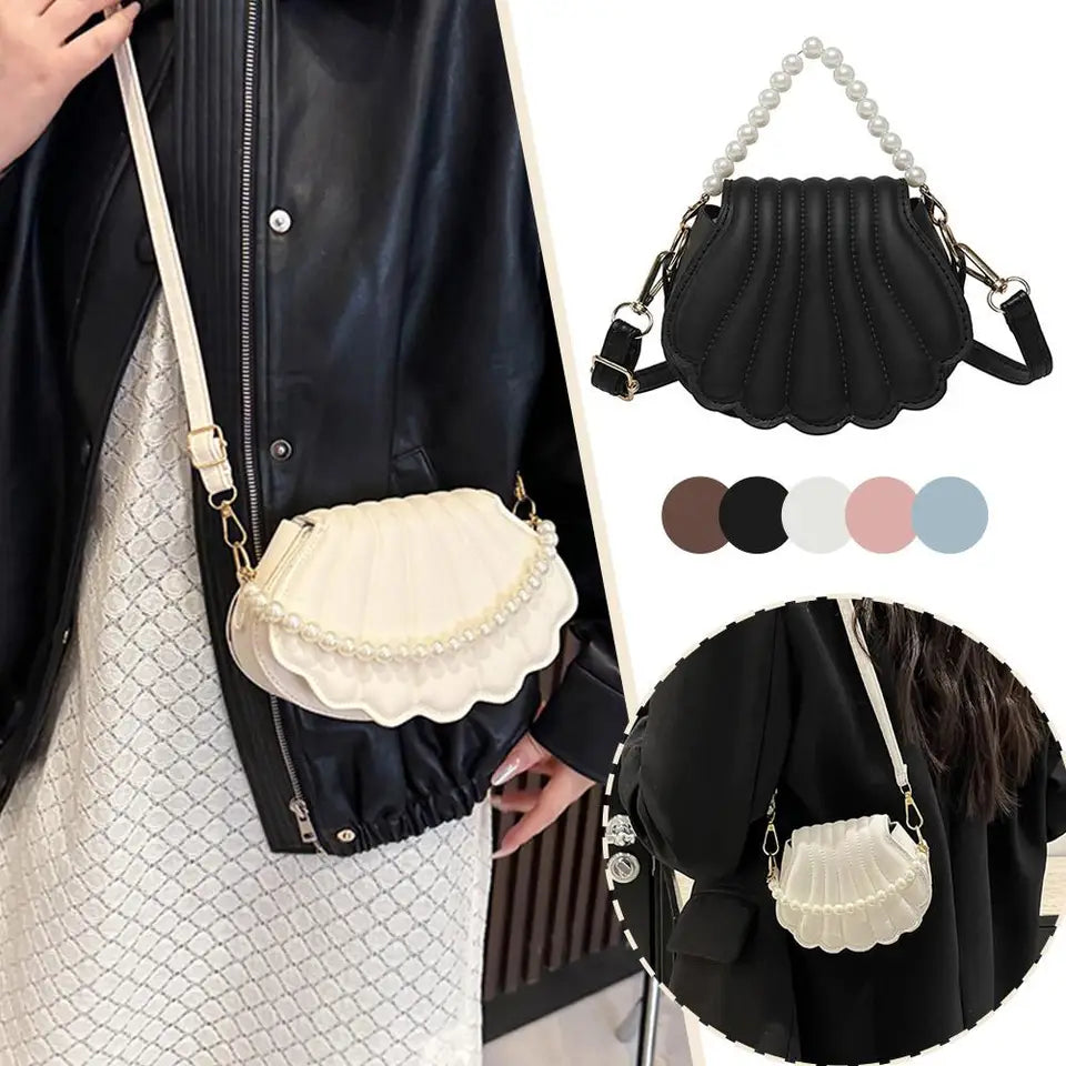 Pearl Handle Shell Crossbody Bag For Women PU Leather
