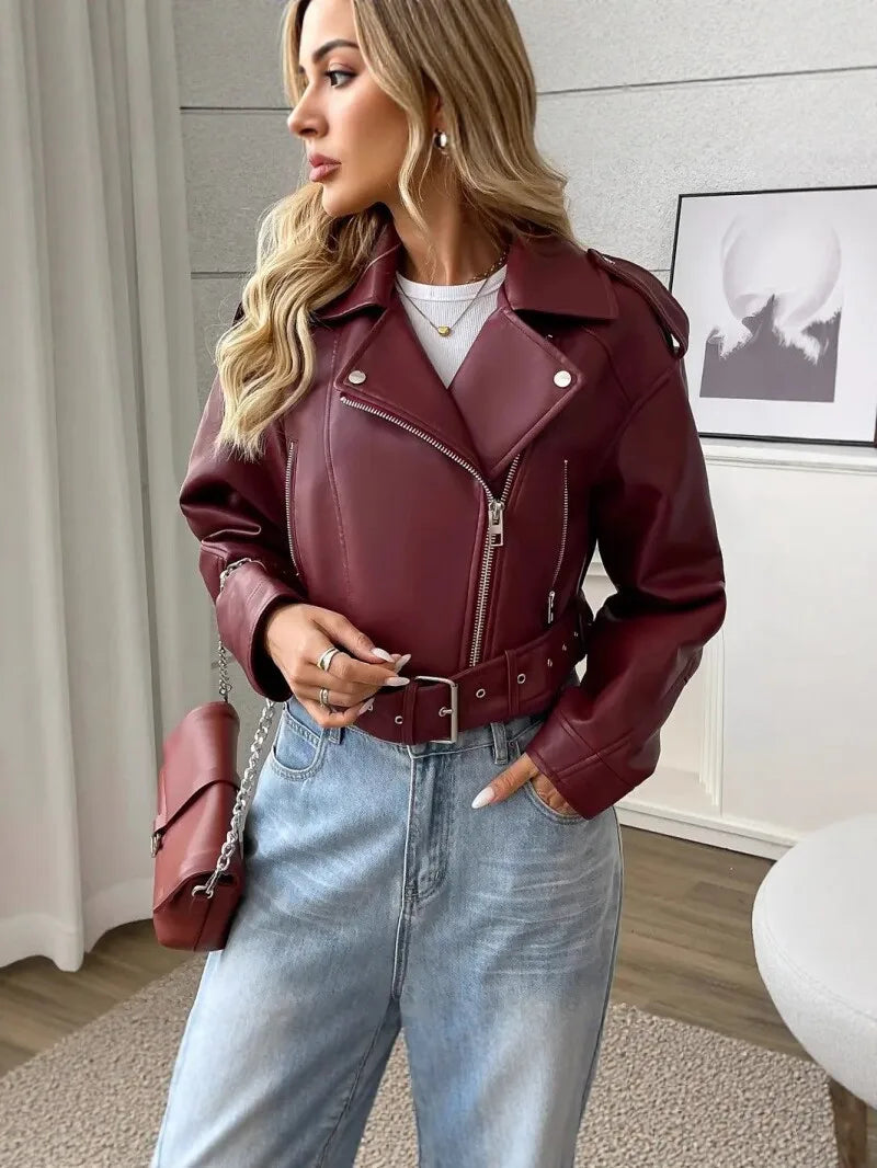 Women’s Faux Leather Moto Jacket With Zipper Details
