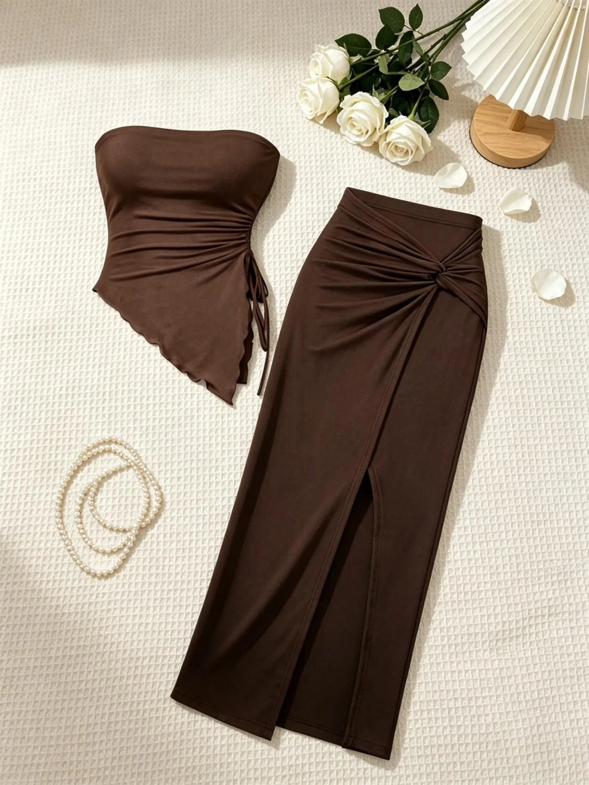 Women’s Strapless Bodycon Two-Piece High Slit Midi Skirt Set