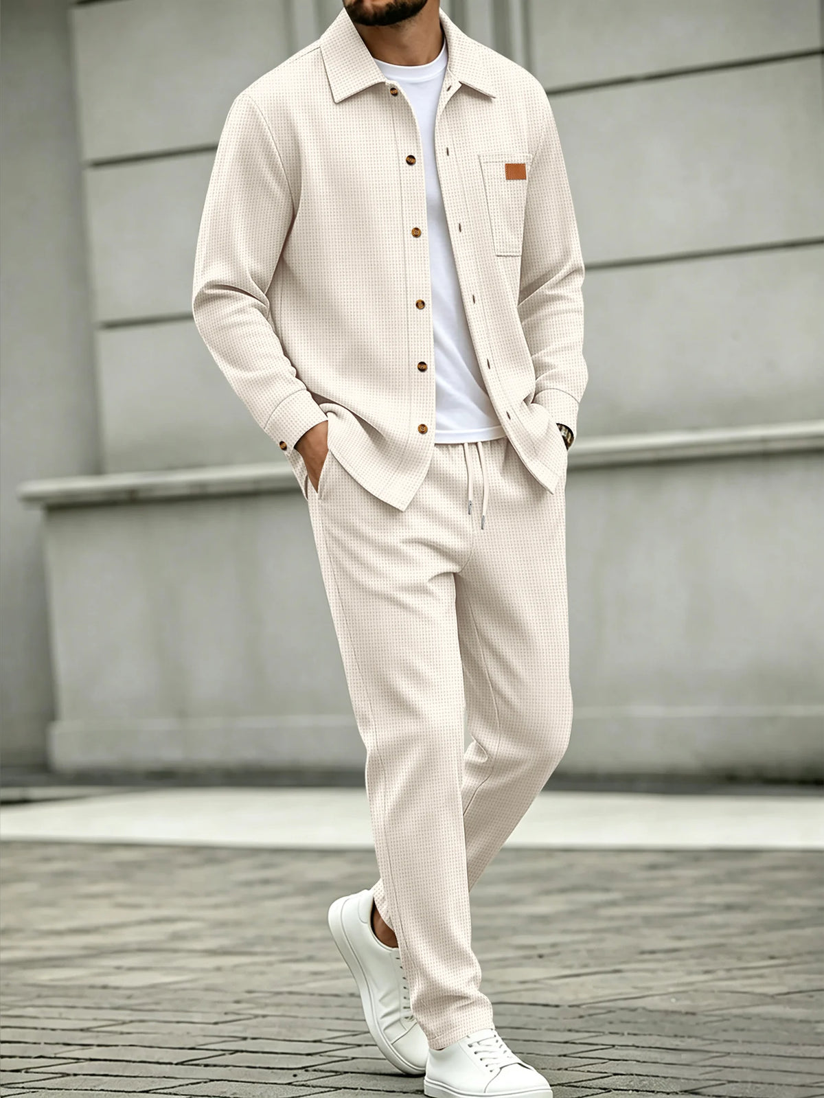 Men's Waffle Knit Casual Two-Piece Shirt Set