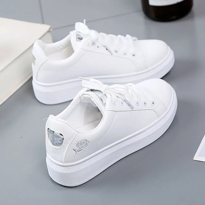 Women’s Floral Lace-Up Sneakers White Casual PU Shoes