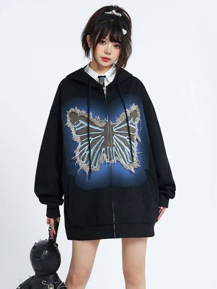 Vintage Y2K Butterfly Zip Up Hoodie For Women