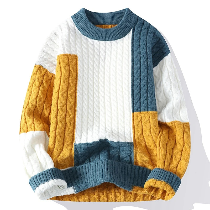 Men’s Patchwork Knit Sweater – Casual Autumn Winter Pullover