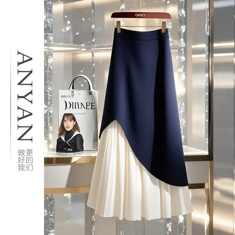 Women's Patchwork Pleated Midi Skirt High Waist Office