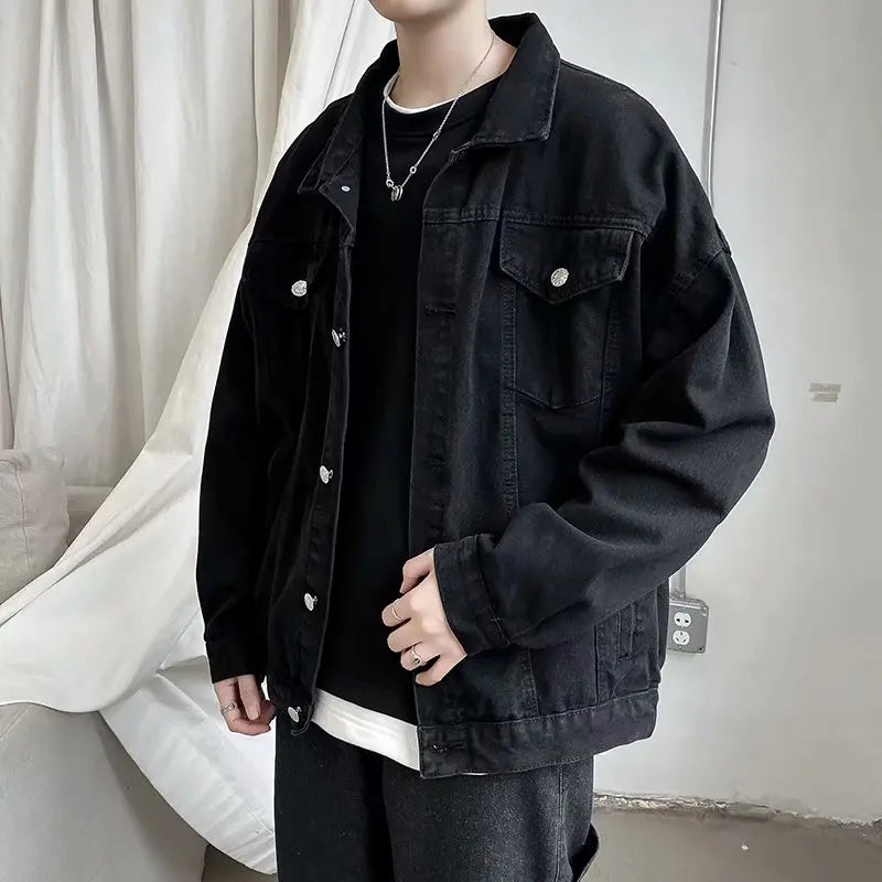 Men's Black Denim Jacket With Pockets, Short Streetwear