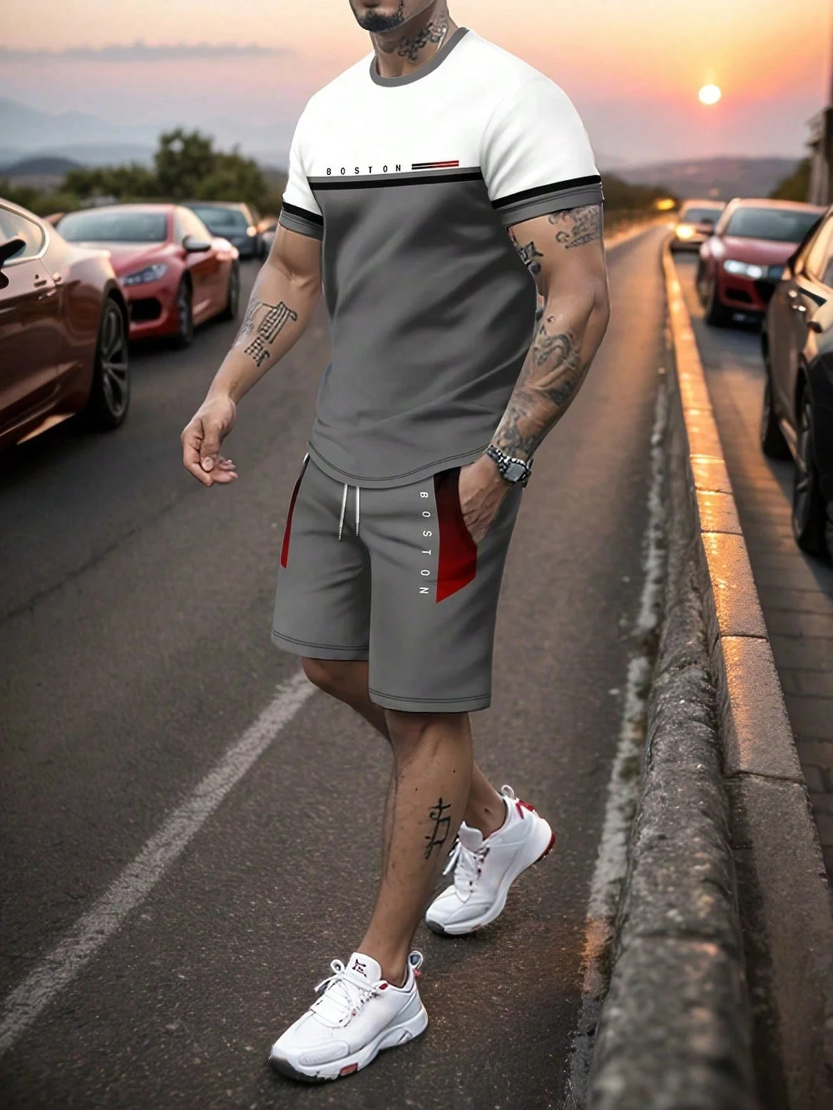 Men's Printed Sports T-Shirt And Shorts Set