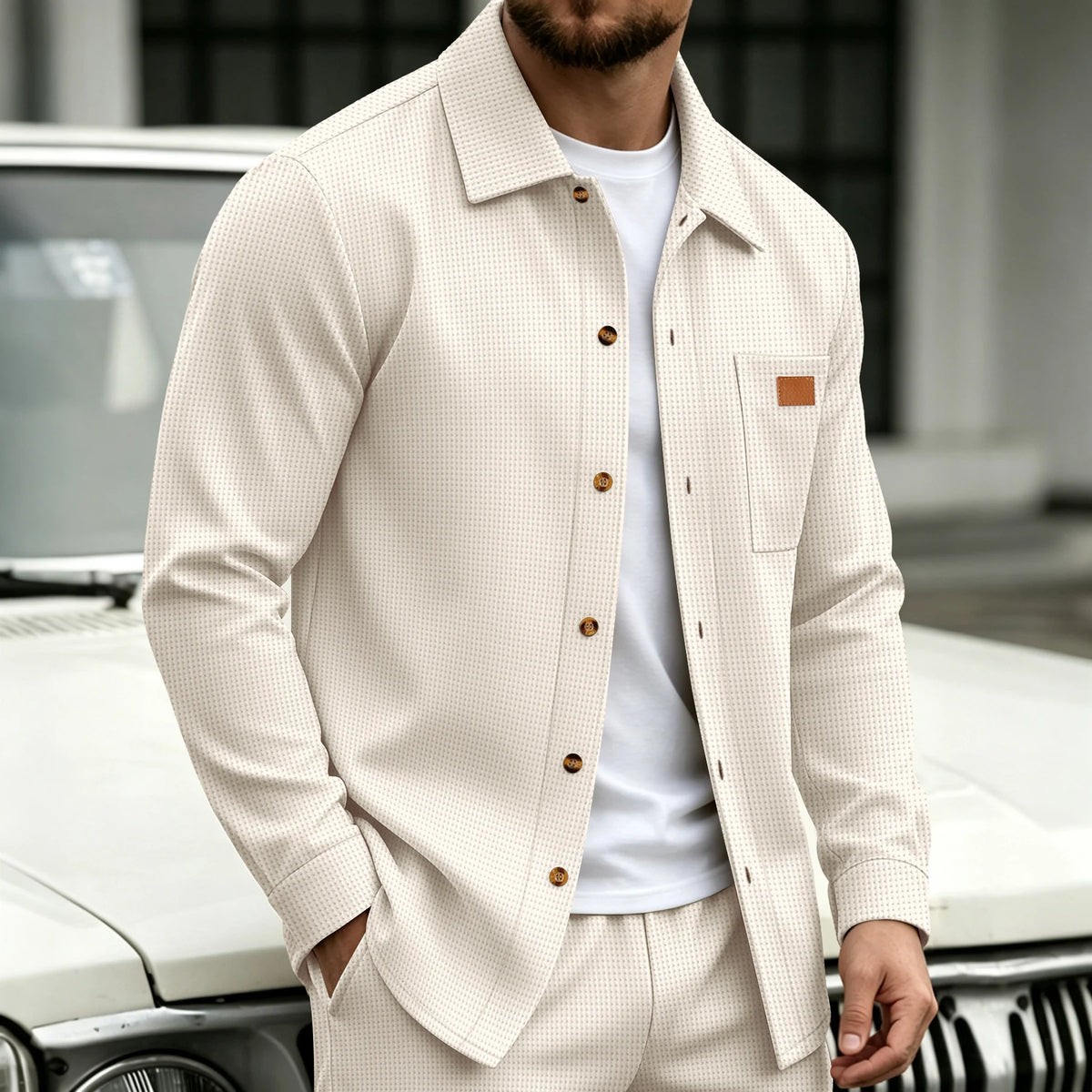 Men's Waffle Knit Button Shirt Jacket With Pocket